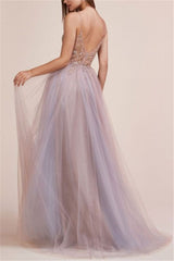 Beading Tulle Champagne Spaghetti-Straps Appliques Side-Slit Prom Dress