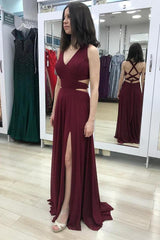Chiffon Burgundy Sheath V Neck Long Prom Dress with Slit