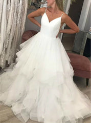 Tulle Spagehtti Straps Backless Ruffles White Wedding Dress