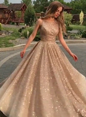 Round Neck Gold Open Back Champagne Sequins Prom Dress