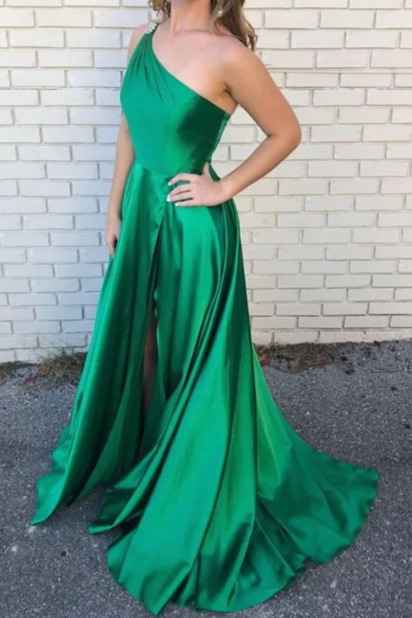 One Shoulder Green Satin Beading A-Line Long Prom Dress With Slit