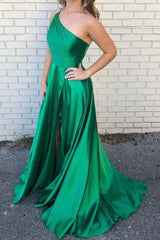 One Shoulder Green Satin Beading A-Line Long Prom Dress With Slit