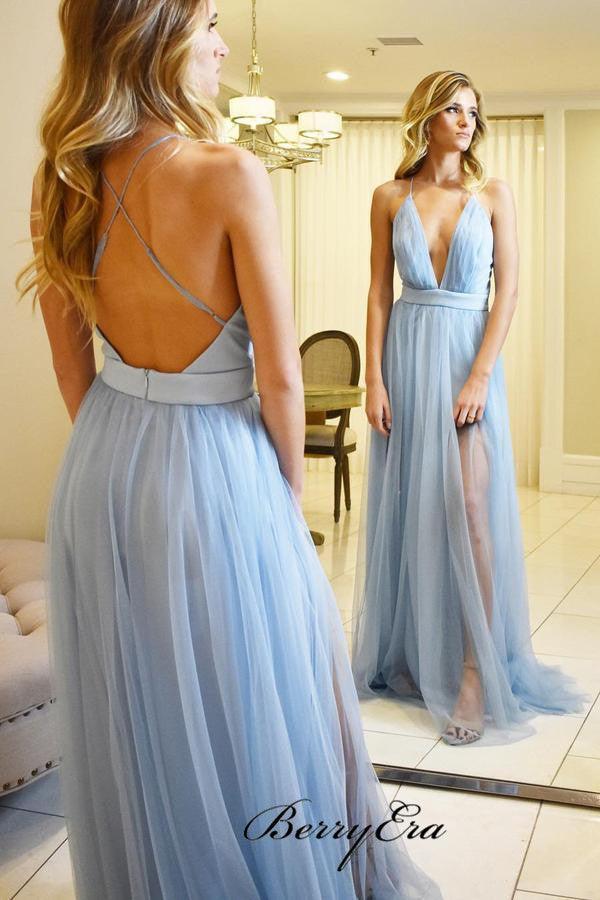 Deep V-neck Bridesmaid Dresses, Open Back Slit Bridesmaid Dresses - RongMoon