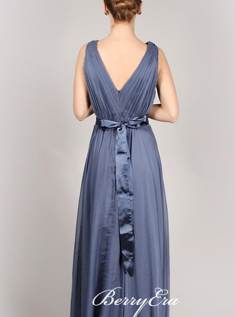 V-neck A-line Navy Long Bridesmaid Dresses - RongMoon