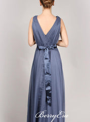 V-neck A-line Navy Long Bridesmaid Dresses - RongMoon