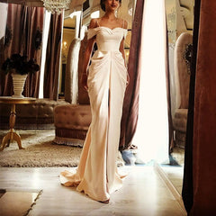 Long Champagne Off Shoulder Satin Mermaid Wedding Dresses 2017