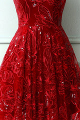 Burgundy v neck lace high low prom dress lace formal dress - RongMoon
