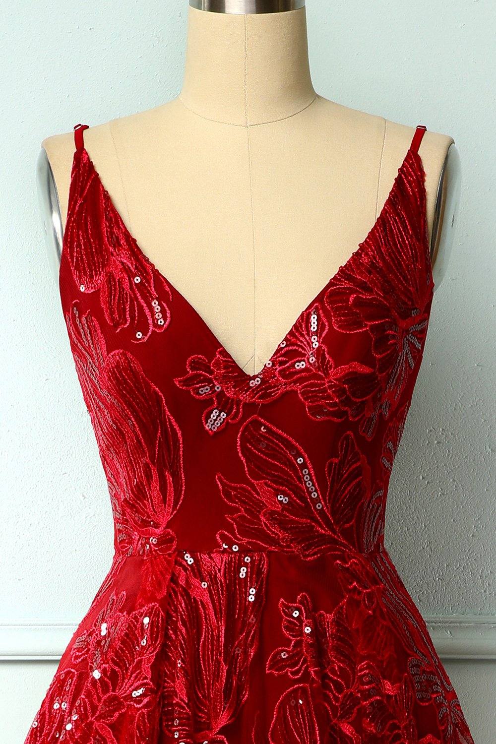 Burgundy v neck lace high low prom dress lace formal dress - RongMoon