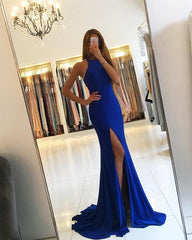 Long Jersey Halter Mermaid Prom Dresses Leg Split