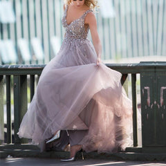 Sequins Beaded V Neck Gray Tulle V Neck Long Evening Gowns