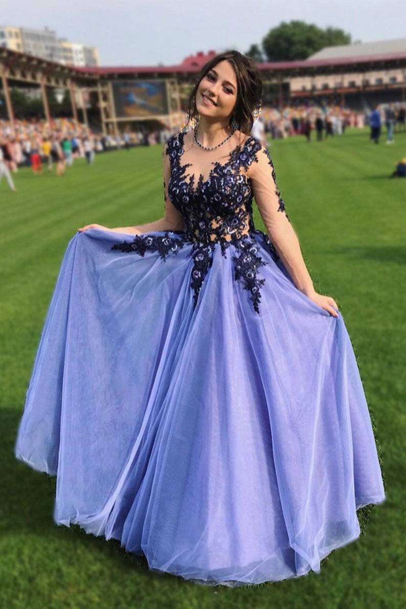 Purple tulle lace long prom dress purple lace evening dress - RongMoon