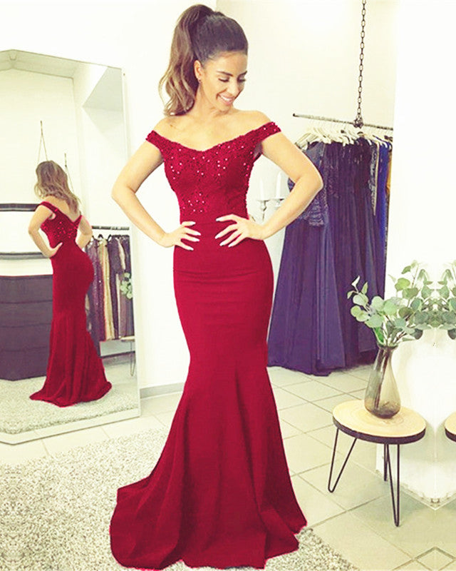 Elegant V-neck Long Mermaid Prom Dresses Lace Beaded Evening Gowns