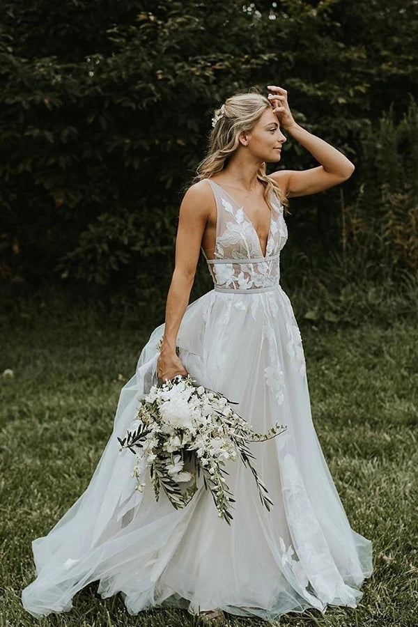 Appliques See Through V Neck A line Tulle Sexy Long Wedding Dress