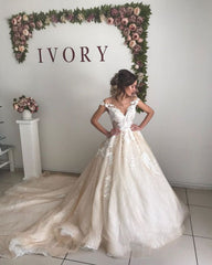 Champagne Open Back Sweep Train Appliques Ball Gown Wedding Dress