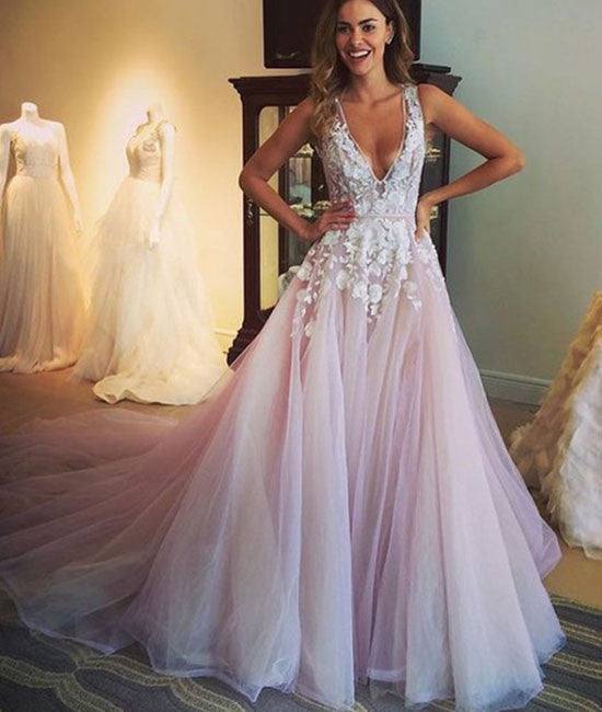 Unique v neck lace tulle long prom dress, evening dress - RongMoon