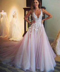 Unique v neck lace tulle long prom dress, evening dress - RongMoon