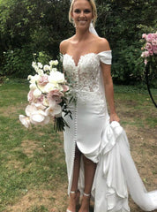Appliques Sexy White Mermaid Satin Off the Shoulder Wedding Dress
