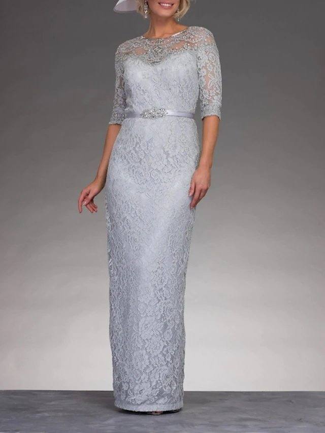 Two Piece Sheath / Column Mother of the Bride Dress Elegant Jewel Neck Floor Length Chiffon 3/4 Length Sleeve with Sash / Ribbon Appliques - RongMoon