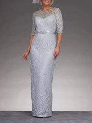 Two Piece Sheath / Column Mother of the Bride Dress Elegant Jewel Neck Floor Length Chiffon 3/4 Length Sleeve with Sash / Ribbon Appliques - RongMoon