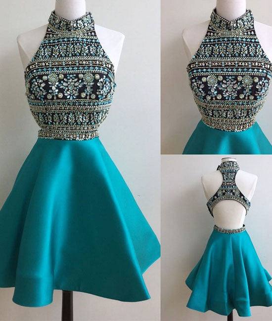 Green high neck rhinestones short prom dress, cute homecoming dress - RongMoon