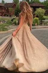 Round Neck Gold Open Back Champagne Sequins Prom Dress