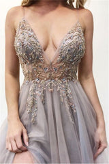 Beading Tulle Champagne Spaghetti-Straps Appliques Side-Slit Prom Dress