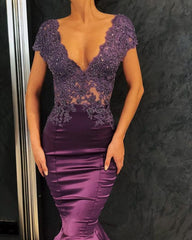 Short Sleeves Grape Mermaid Beads Long V-Neck Formal Prom Dress