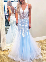Light Blue V-neck Mermaid Appliques Backless Prom Dress