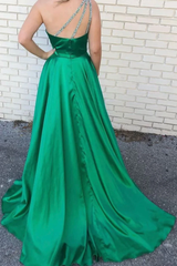 One Shoulder Green Satin Beading A-Line Long Prom Dress With Slit