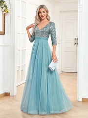 Sequin Chiffon Burgundy Half Sleeve Party Prom Dress