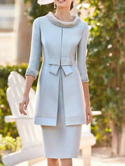 Two Piece Sheath / Column Mother of the Bride Dress Elegant Jewel Neck Knee Length Satin Half Sleeve with Bow(s) Pearls Beading - RongMoon