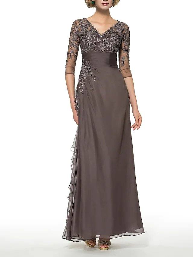 Sheath / Column Mother of the Bride Dress Elegant V Neck Floor Length Chiffon Lace Half Sleeve with Draping Appliques - RongMoon