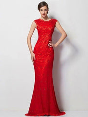 A-Line/Princess Scoop Short Sleeves Applique Long Lace Dresses - RongMoon