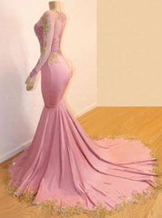 Pink Robe De Soiree Mermaid Long Sleeves Appliques Lace Beaded Sexy Long Prom Dresses Prom Gown Evening Dresses - RongMoon