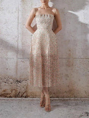A-Line Minimalist Floral Holiday Prom Dress Spaghetti Strap Sleeveless Tea Length Polyster with Pleats Pattern / Print - RongMoon