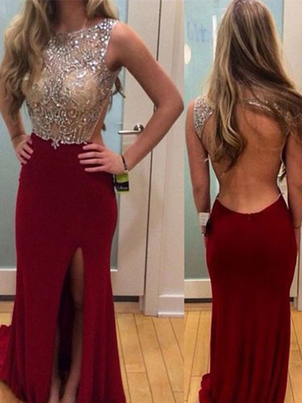 Burgundy Scoop Spandex Beading Prom Dresses