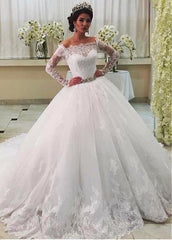 Belt Tulle Off-the-shoulder Long Sleeve Ball Gown Wedding Dress