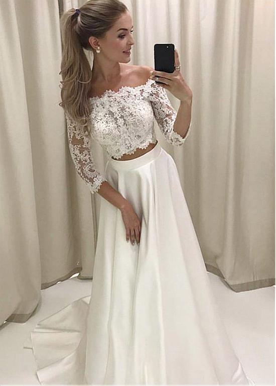 Satin Off-the-shoulder Appliques Two-piece A-line Wedding Dress