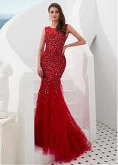 Tulle Jewel Red Beading Mermaid Evening Dress