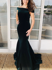 Mermaid Velvet Off the Shoulder Sexy Dark Green Prom Dress