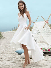 Satin Spaghetti Straps Sexy Asymmetrical High Low Ruched Wedding Dress