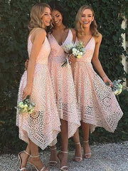 Princess Pink V-neck Asymmetrical Lace Bridesmaid Dress