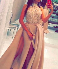 Champagne lace long prom dress, champagne evening dress - RongMoon