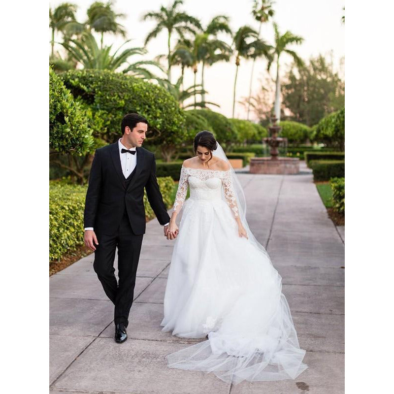 A-Line Tulle Lace Off-the-Shoulder Long Sleeves Sweep/Brush Train Wedding Dress