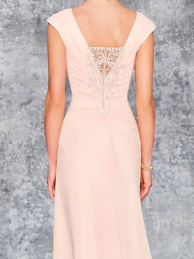 Two Piece Sheath / Column Mother of the Bride Dress Elegant V Neck Knee Length Chiffon 3/4 Length Sleeve with Pleats Embroidery - RongMoon