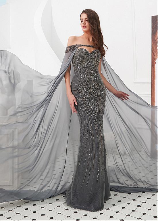 Beading Silver Tulle Sweetheart Mermaid Evening Dresses With Detachable Shawl