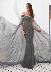 Beading Silver Tulle Sweetheart Mermaid Evening Dresses With Detachable Shawl