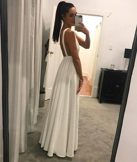 White v neck backless long prom dress, white evening dress - RongMoon