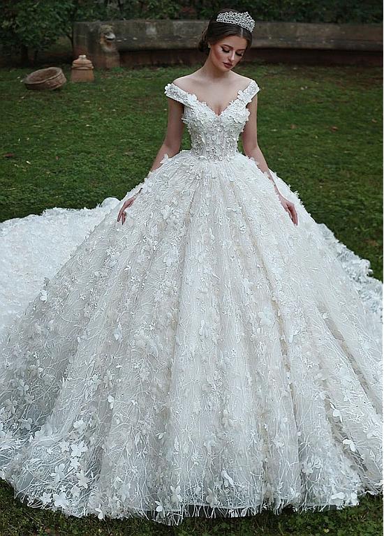Lace Off-the-shoulder 3d Flowers Ball Gown Wedding Dress