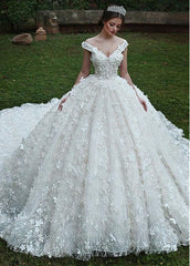 Lace Off-the-shoulder 3d Flowers Ball Gown Wedding Dress